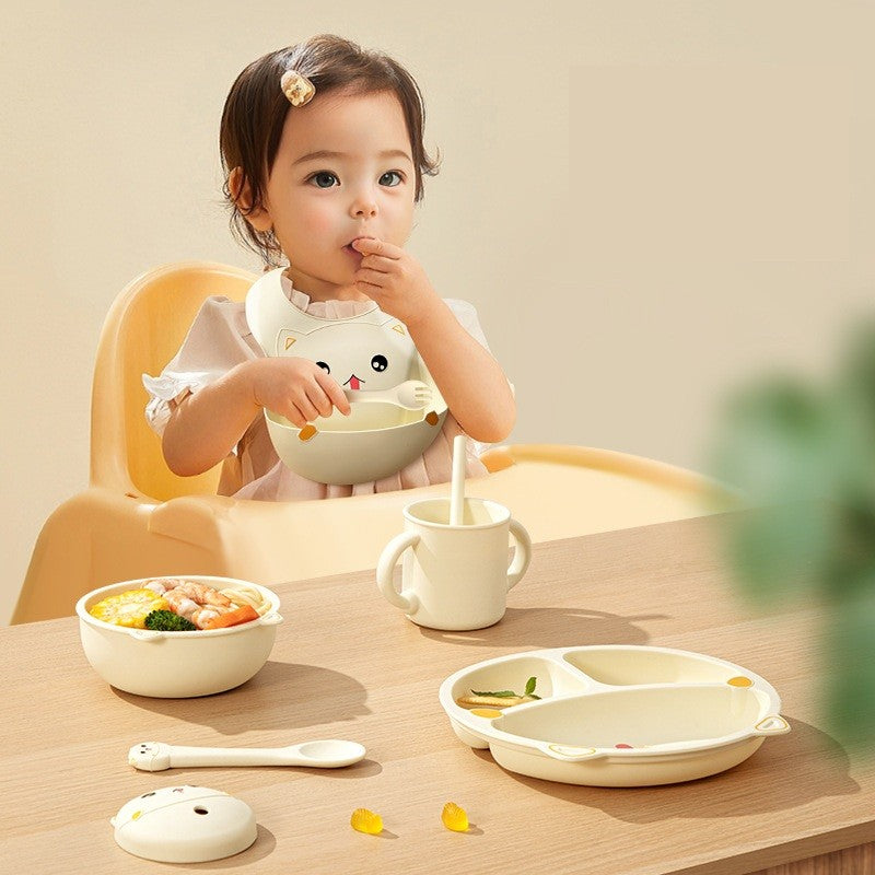 Set 7 Piese Hranire Bebelusi si Copii, Flippy, din Silicon, fara BPA, de la 12 Luni, Model Pisicuta, 30 x 25 x 6 cm, Bej