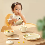 Set 7 Piese Hranire Bebelusi si Copii, Flippy, din Silicon, fara BPA, de la 12 Luni, Model Pisicuta, 30 x 25 x 6 cm, Bej