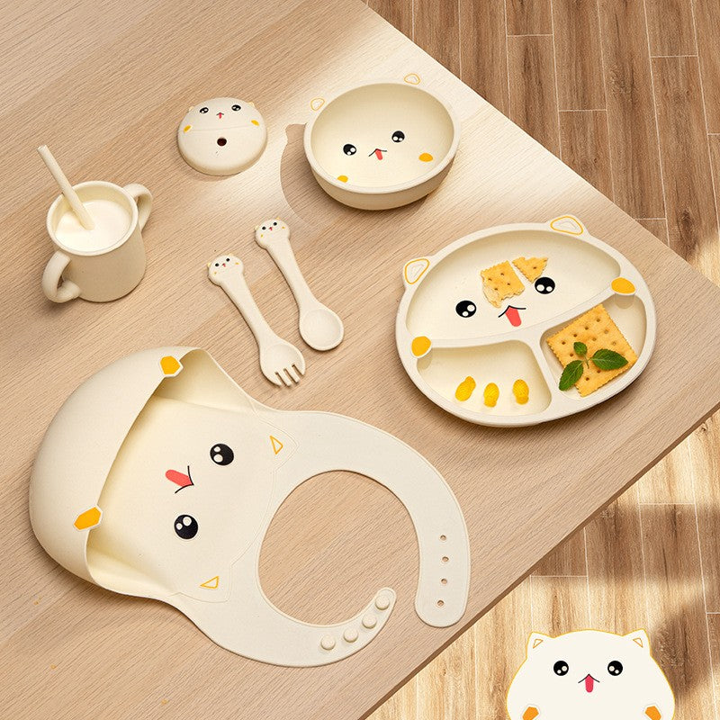 Set 7 Piese Hranire Bebelusi si Copii, Flippy, din Silicon, fara BPA, de la 12 Luni, Model Pisicuta, 30 x 25 x 6 cm, Bej