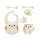 Set 7 Piese Hranire Bebelusi si Copii, Flippy, din Silicon, fara BPA, de la 12 Luni, Model Pisicuta, 30 x 25 x 6 cm, Bej