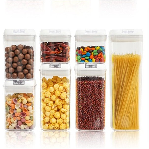 Set 7 Recipiente Din Plastic, Pentru Alimente/Obiecte, Inchidere Ermetica, 2 X 0.5L, 2 X 0.8L, 2 X 1.2L, 1 X 1.9 L, Capac Alb, Transparent - vivimall.ro