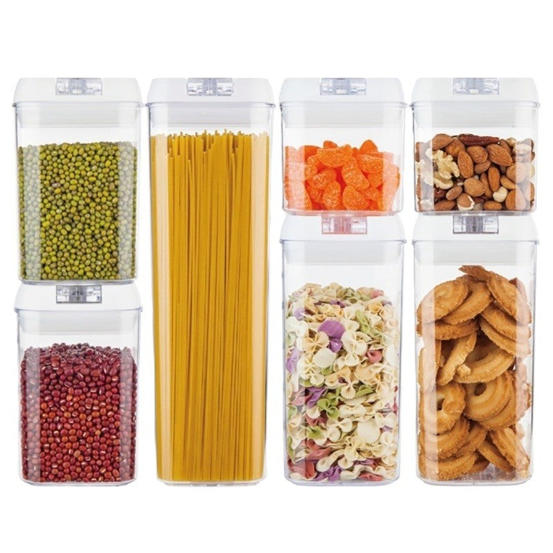 Set 7 Recipiente Din Plastic, Pentru Alimente/Obiecte, Inchidere Ermetica, 2 X 0.5L, 2 X 0.8L, 2 X 1.2L, 1 X 1.9 L, Capac Alb, Transparent - vivimall.ro