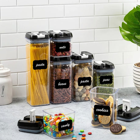 Set 7 Recipiente Organizare Alimente, Inchidere Etansa, Etichete Reutilizabile, Cupe Masurare, 4 Dimensiuni Diferite, Din Plastic Dur, Transparent - vivimall.ro