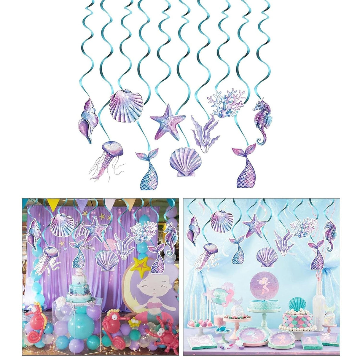 Set 8 Decoratiuni pentru Petrecere Sirena, Vivimall, Colectia Mermaid, Panglici Incluse, Multicolor - vivimall.ro