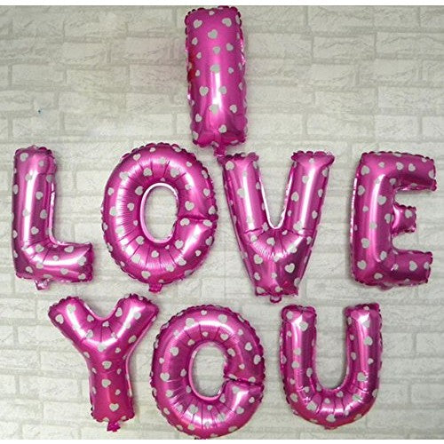 Set 8 Baloane din Folie Metalizata, Figurine Litere, Model I Love You, Tema Ziua Indragostitilor, 40 cm, Ambalaj Individual, Pai Inclus, Umflare cu Aer sau Heliu, Roz cu Inimioare Albe