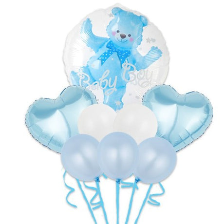 Set Baloane Aniversare, Set Din 8 Bucati, 1 Bucata Urs, 2 Inimi Folie, 5 Simple Din Latex Baby Boy, 60 Cm - vivimall.ro