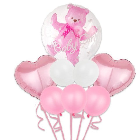 Set Baloane Aniversare, Flippy, set din 8 bucati, 1 bucata urs, 2 inimi folie,5 simple din latex Baby Girl, 60 cm Roz