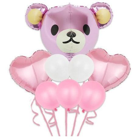 Set Baloane Aniversare, Set Din 8 Bucati, 1 Bucata Urs Mare, 2 Inimi Folie,5 Simple Din Latex Baby Girl, 60 Cm - vivimall.ro