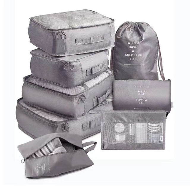 Set 8 huse organizare bagaj Vivimall, material poliester, impermeabil, cu fermoar, pentru calatorii sau dulap, sac pentru pantofi inclus, pliabil, gri - vivimall.ro