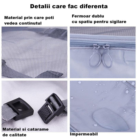 Set 8 Huse Organizare Bagaj, Material Poliester, Impermeabil, Cu Fermoar, Pentru Calatorii Sau Dulap, Sac Pentru Pantofi Inclus, Pliabil, Gri - vivimall.ro