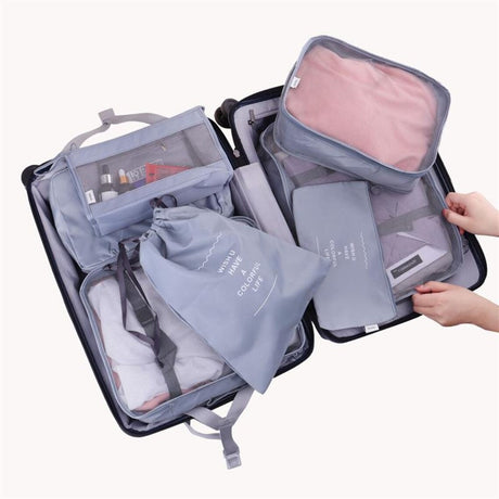 Set 8 Huse Organizare Bagaj, Material Poliester, Impermeabil, Cu Fermoar, Pentru Calatorii Sau Dulap, Sac Pentru Pantofi Inclus, Pliabil, Gri - vivimall.ro
