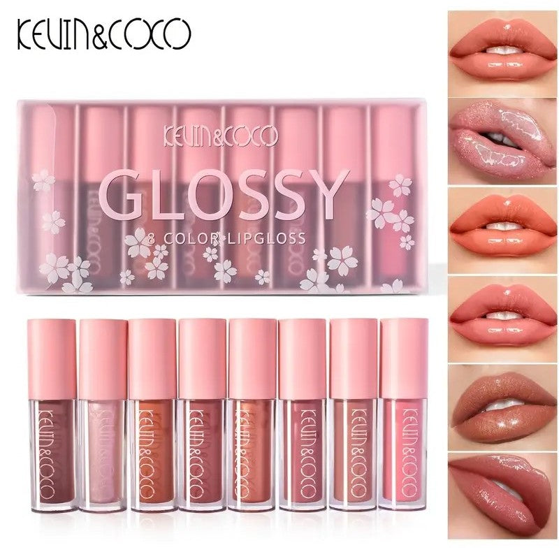 Set 8 Lip Gloss, nunate rose, nude, glosy, cutie dreptunghiulara, 8.3 x 17.5 x 2.7 cm, 181.5 g, multicolor - vivimall.ro