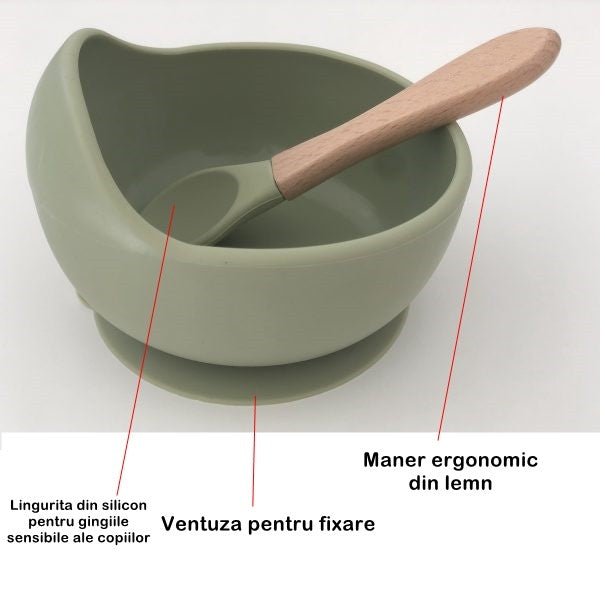 Set 8 Piese Diversificare Bebelusi Si Copii Din Silicon Baveta, Farfurie Compartimentata Cu Ventuza, Bol Cu Ventuza, Tacamuri Din Lemn Si Silicon, Cana Pentru Gustari, Fara Alergeni - vivimall.ro
