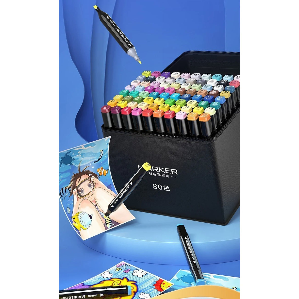 Set 80 Markere, Flippy, pe Baza de Ulei, Dublu Capat, Subtire 1mm si Gros 6 mm, Geanta Depozitare, 15 cm, Multicolor - vivimall.ro