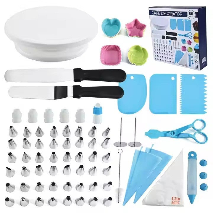 Set 80 Piese Ustensile pentru Ornare Prajituri, Vivimall, din Plastic si Otel Inoxidabil, Forme Briose, Multicolor - vivimall.ro