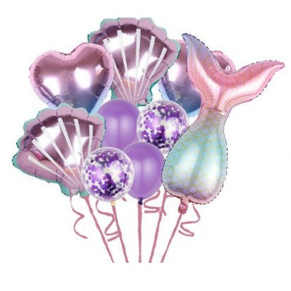 Set baloane aniversare pentru fetita, set din 9 baloane, Vivimall, Tematica Sirene, 5 Baloane Folie, 4 baloane latex, cu inimii Mov metalizat - vivimall.ro