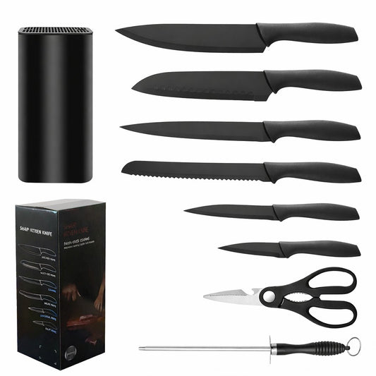 Cutite Bucatarie, Set 9 Piese, Flippy, Otel Inoxidabil cu Acoperire Antiaderenta, Suport Depozitare Inclus, 6 Cutite, Tija Ascutire si Foarfeca Bucatarie, 31 x 10 x 10 cm, Negru - vivimall.ro