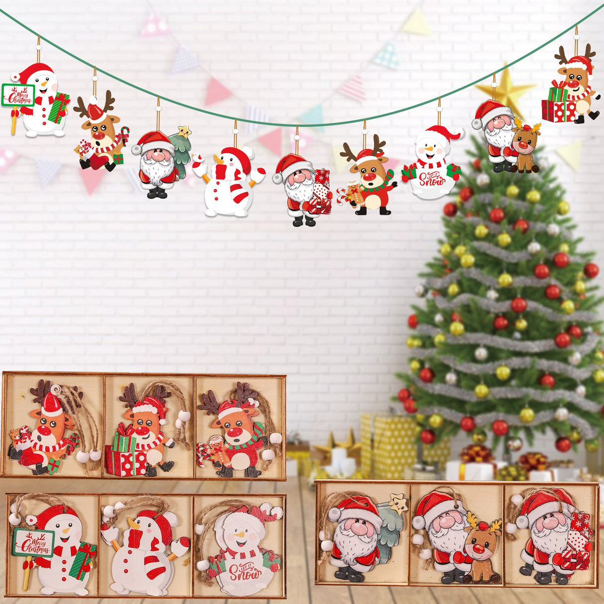 Set 9 Decoratiuni De Craciun Din Lemn, Cu Snur Pentru Agatare In Brad, 3 Modele, Ren Si Cadouri, Diferite Dimensiuni - vivimall.ro