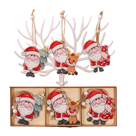 Set 9 Decoratiuni De Craciun Din Lemn, Cu Snur Pentru Agatare In Brad, 3 Modele, Ren Si Cadouri, Diferite Dimensiuni - vivimall.ro