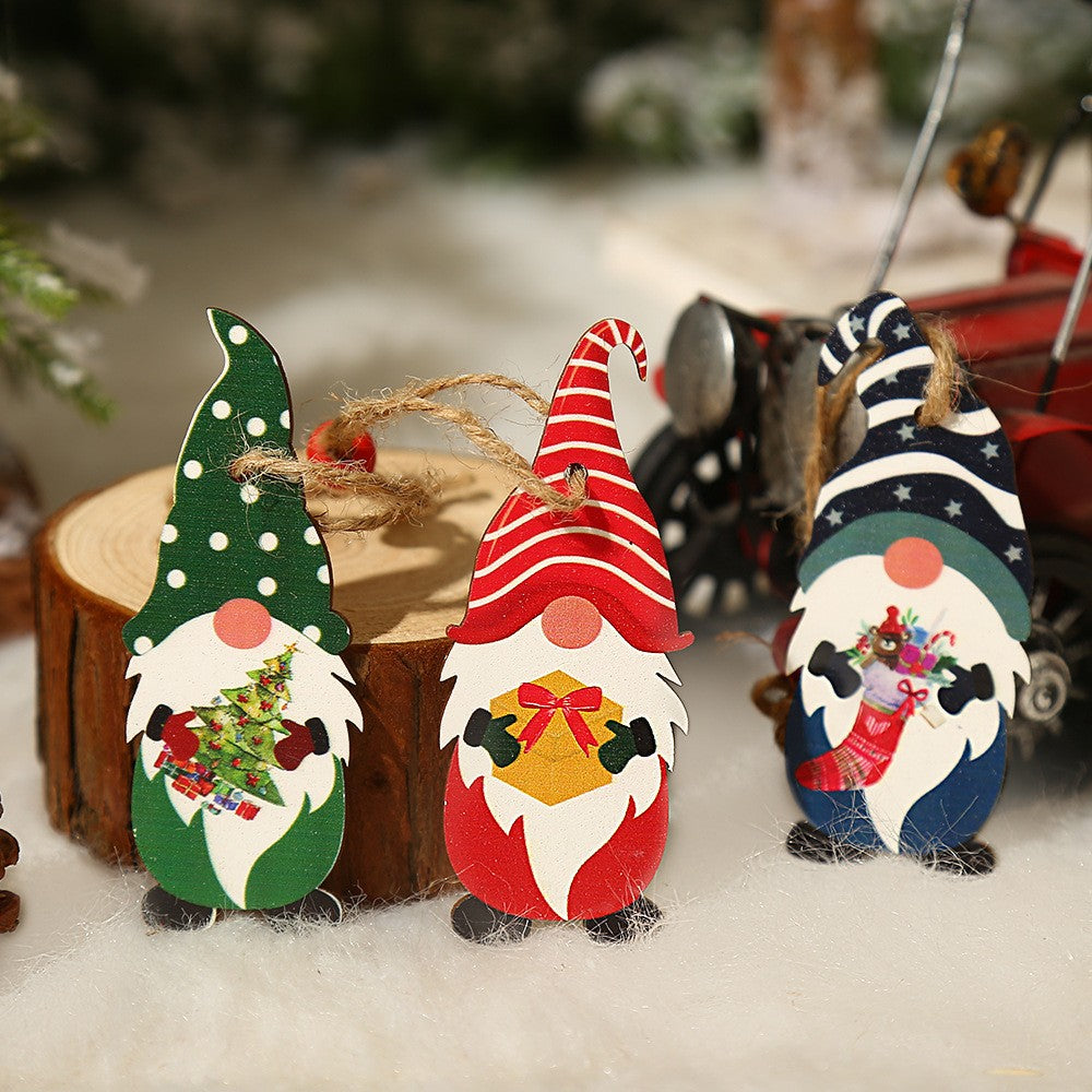 Set 9 Decoratiuni De Craciun Din Lemn, Cu Snur Pentru Agatare In Brad, 3 Modele Mos Craciun Diferite Dimensiuni - vivimall.ro