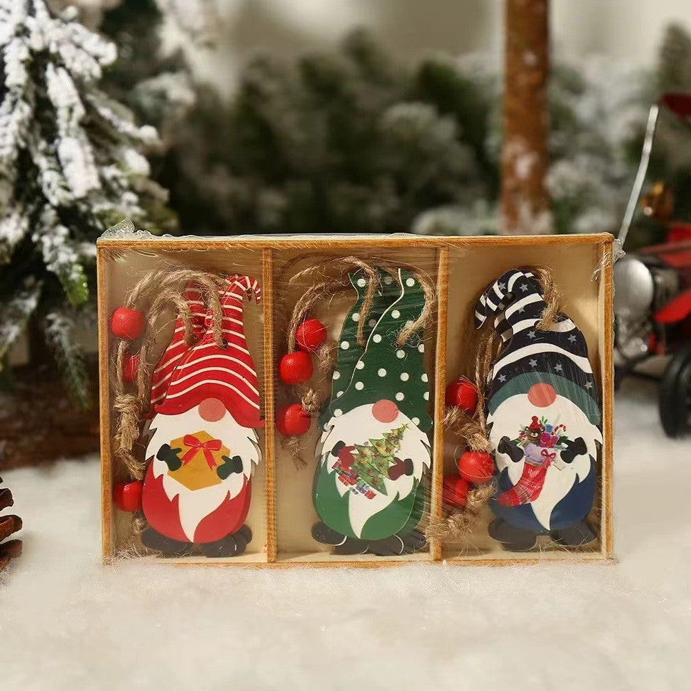 Set 9 Decoratiuni De Craciun Din Lemn, Cu Snur Pentru Agatare In Brad, 3 Modele Mos Craciun Diferite Dimensiuni - vivimall.ro