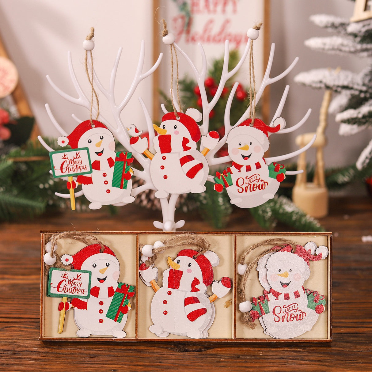 Set 9 Decoratiuni De Craciun Din Lemn, Cu Snur Pentru Agatare In Brad, 3 Modele, Diferite Dimensiuni - vivimall.ro