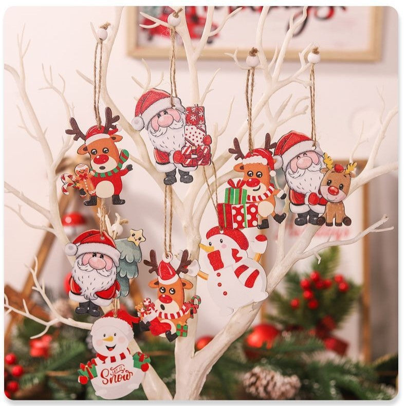 Set 9 Decoratiuni De Craciun Din Lemn, Cu Snur Pentru Agatare In Brad, 3 Modele, Diferite Dimensiuni - vivimall.ro
