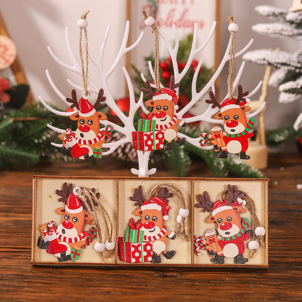 Set 9 Decoratiuni De Craciun Din Lemn, Cu Snur Pentru Agatare In Brad, 3 Modele, Diferite Dimensiuni - vivimall.ro