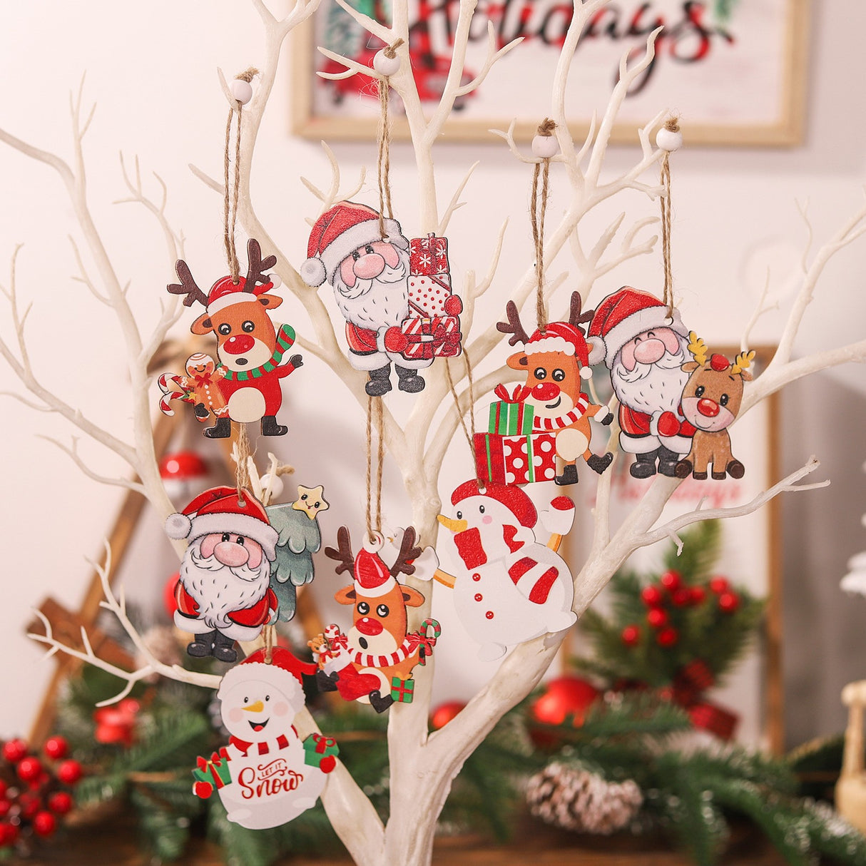 Set 9 Decoratiuni De Craciun Din Lemn, Cu Snur Pentru Agatare In Brad, 3 Modele, Diferite Dimensiuni - vivimall.ro