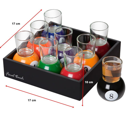 Set 9 pahare de shot Vivimall, cu suport tip bila de biliard, detasabil, 30 ml, din sticla, 17 x 17 x 10 cm, multicolor - vivimall.ro