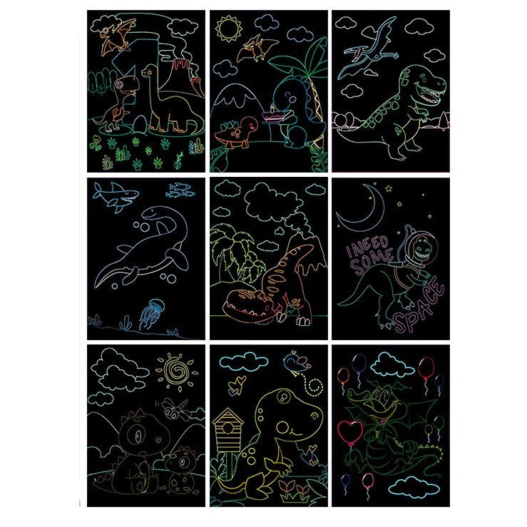 Set 9 Planse Razuibile, Flippy, Scratch ArtCards, +3 Ani, de Razuit si de Colorat, 19 x 14 cm, Model Dinozauri, Multicolor