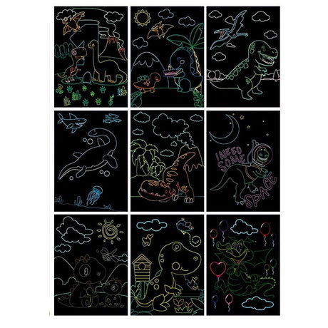 Set 9 Planse Razuibile, Flippy, Scratch ArtCards, +3 Ani, de Razuit si de Colorat, 19 x 14 cm, Model Dinozauri, Multicolor