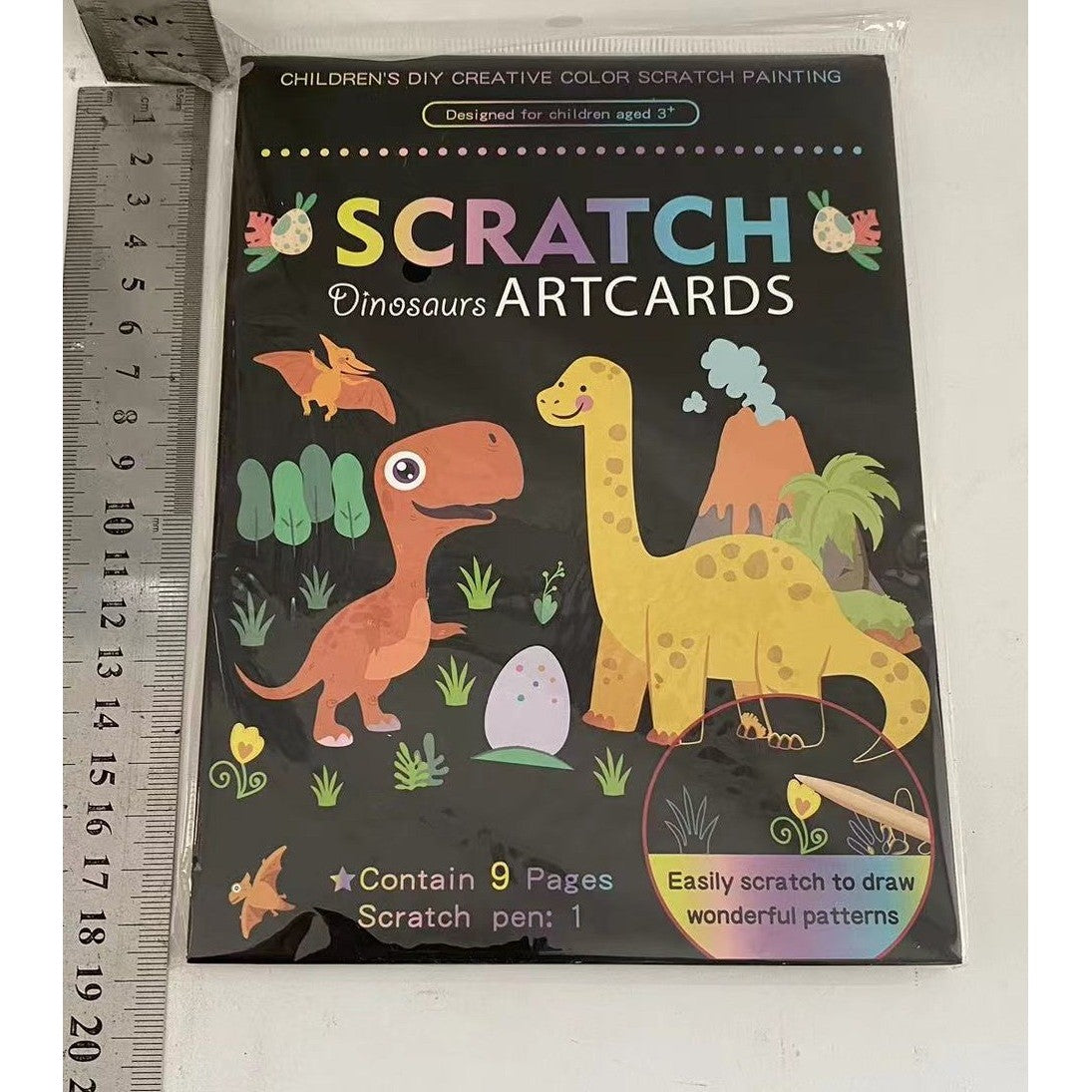 Set 9 Planse Razuibile, Flippy, Scratch ArtCards, +3 Ani, de Razuit si de Colorat, 19 x 14 cm, Model Dinozauri, Multicolor