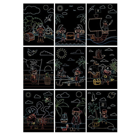 Set 9 Planse Razuibile, Flippy, Scratch ArtCards, +3 Ani, de Razuit si de Colorat, 19 x 14 cm, Model Pirati, Multicolor