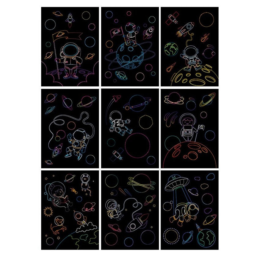 Set 9 Planse Razuibile, Flippy, Scratch ArtCards, +3 Ani, de Razuit si de Colorat, 19 x 14 cm, Model Spatiu Cosmic, Multicolor