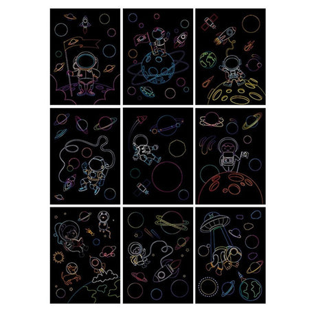 Set 9 Planse Razuibile, Flippy, Scratch ArtCards, +3 Ani, de Razuit si de Colorat, 19 x 14 cm, Model Spatiu Cosmic, Multicolor