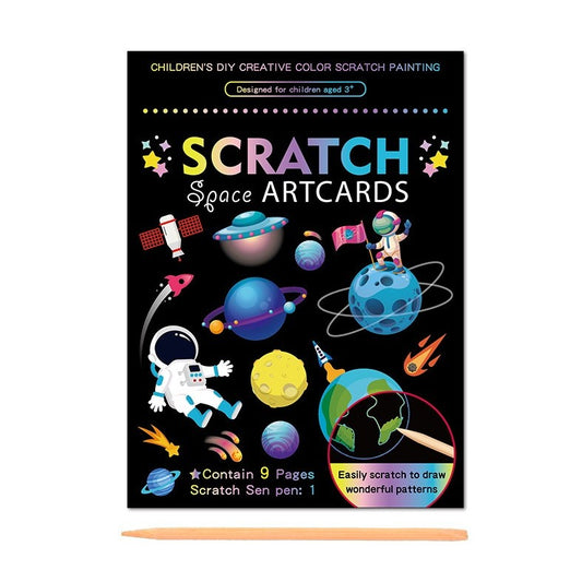 Set 9 Planse Razuibile, Vivimall, Scratch ArtCards, +3 Ani, de Razuit si de Colorat, 19 x 14 cm, Model Spatiu Cosmic, Multicolor - vivimall.ro