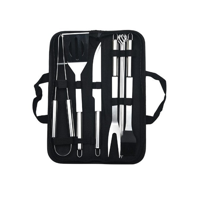Set 9 Ustensile Pentru Gratar, Din Otel Inoxidabil, Geanta Oxford, Argintiu - vivimall.ro