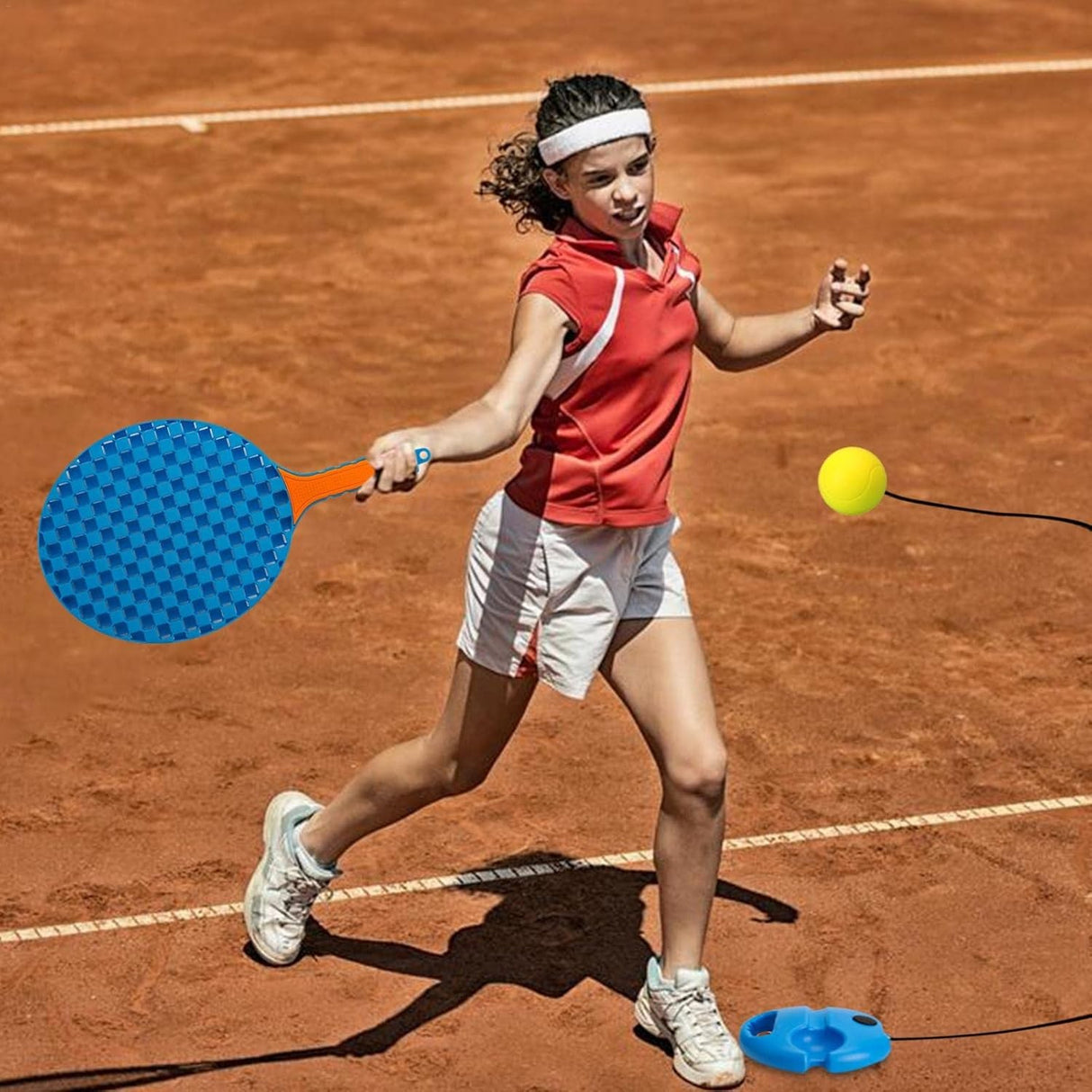 Set Badminton Pentru Copii, Doua Palete, Fluturas, 2 Mingi, Minge Cu Elastic Pentru Antrenament, Suport De Prindere Stabil, Rosu Galben - vivimall.ro