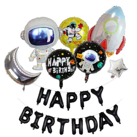Set Baloane Aniversare 8 Piese, Tematica Happy Birthday, Figurine Astronaut Racheta, 1 Luna, 1 Stea, 3 Baloane Folie - vivimall.ro
