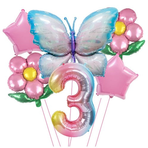Set Baloane Aniversare Cu Numere, Din Folie De Aluminiu, 6 Piese, 2 Flori, 2 Stelute, 1 Fluture, 1 Cifra, Cifra 3 - vivimall.ro