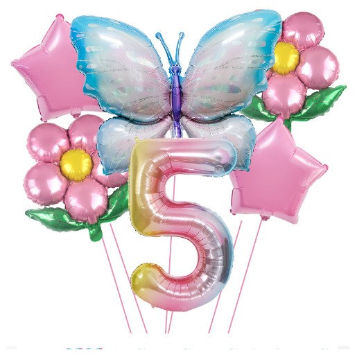 Set Baloane Aniversare Cu Numere, Din Folie De Aluminiu, 6 Piese, 2 Flori, 2 Stelute, 1 Fluture, 1 Cifra, Cifra 5 - vivimall.ro