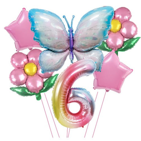 Set Baloane Aniversare Cu Numere, Din Folie De Aluminiu, 6 Piese, 2 Flori, 2 Stelute, 1 Fluture, 1 Cifra, Cifra 6 - vivimall.ro