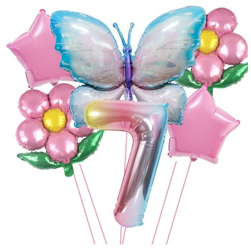 Set Baloane Aniversare Cu Numere, Din Folie De Aluminiu, 6 Piese, 2 Flori, 2 Stelute, 1 Fluture, 1 Cifra, Cifra 7 - vivimall.ro