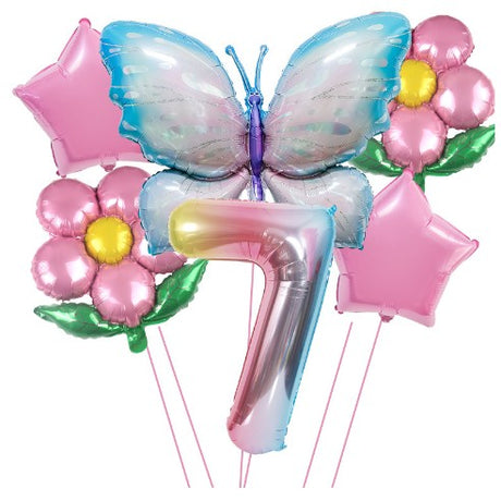 Set Baloane Aniversare Cu Numere, Din Folie De Aluminiu, 6 Piese, 2 Flori, 2 Stelute, 1 Fluture, 1 Cifra, Cifra 7 - vivimall.ro