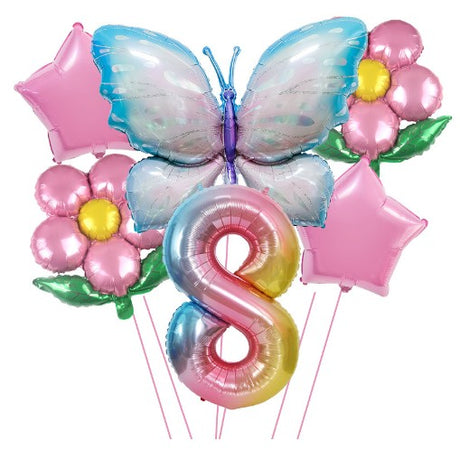 Set Baloane Aniversare Cu Numere, Din Folie De Aluminiu, 6 Piese, 2 Flori, 2 Stelute, 1 Fluture, 1 Cifra, Cifra 8 - vivimall.ro