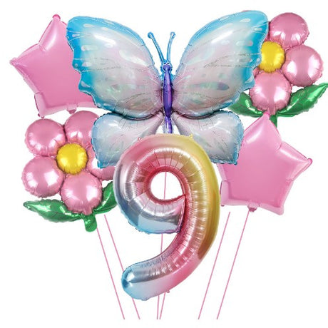 Set Baloane Aniversare Cu Numere, Din Folie De Aluminiu, 6 Piese, 2 Flori, 2 Stelute, 1 Fluture, 1 Cifra, Cifra 9 - vivimall.ro