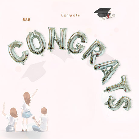 Set Baloane din Folie Metalizată, Flippy, Model Congrats, Litere de 40 cm, Baloane Absolvire, Ambalaj Individual, Pai inclus, Umflare cu Aer sau Heliu, Argintiu