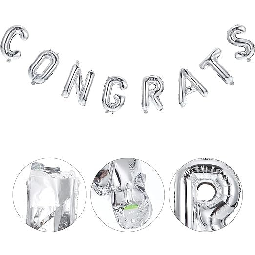 Set Baloane din Folie Metalizată, Flippy, Model Congrats, Litere de 40 cm, Baloane Absolvire, Ambalaj Individual, Pai inclus, Umflare cu Aer sau Heliu, Argintiu