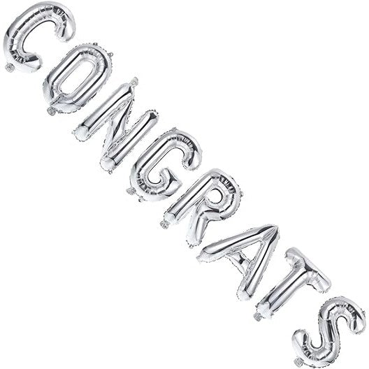 Set Baloane din Folie Metalizată, Flippy, Model Congrats, Litere de 40 cm, Baloane Absolvire, Ambalaj Individual, Pai inclus, Umflare cu Aer sau Heliu, Argintiu